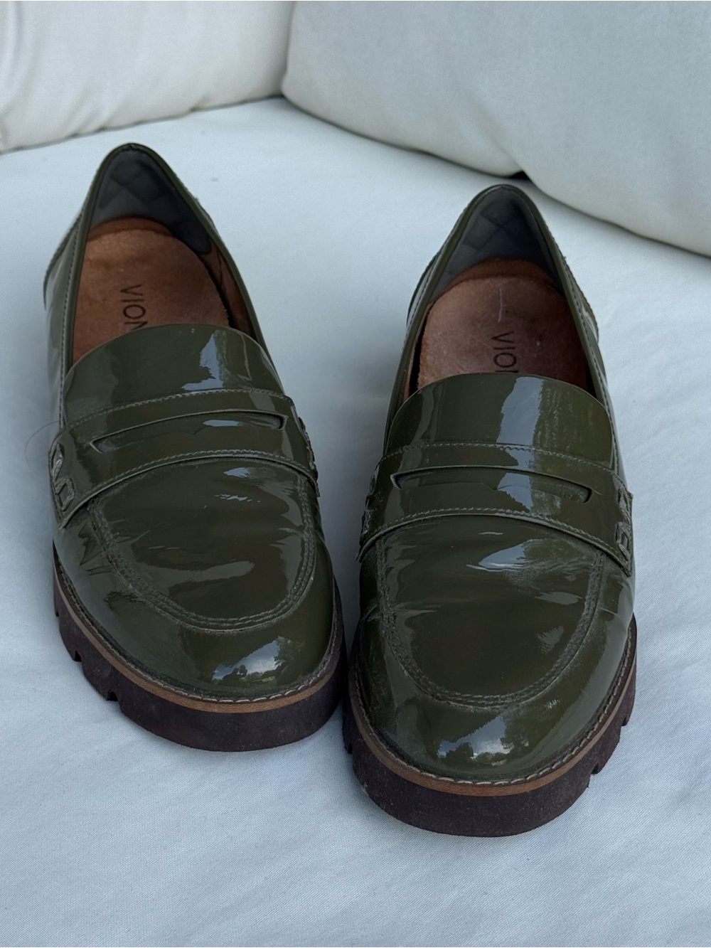 Vionic Olive Green Patent Leather Women's Penny Loafers